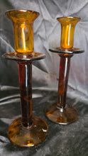 Charger l'image dans la galerie, Pair of Vintage Mid-Century Amber Art Glass Candlesticks 9" Two-Tone Hand Blown