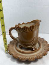 将图片加载到图库查看器,Antique Greentown Chocolate Slag Glass Bracket Creamer & Saucer Set