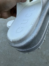 Load image into Gallery viewer, GUCCI Miami Metallic Glitter Interlocking G Platform Slide Sandals Gray Rubber