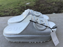 Load image into Gallery viewer, GUCCI Miami Metallic Glitter Interlocking G Platform Slide Sandals Gray Rubber