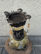 Load image into Gallery viewer, Victorian Style Ornate Gold Resin Candle Holder Hanging Crystal Prism Scrollwork