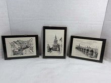 गैलरी व्यूवर में इमेज लोड करें, Vintage Maastricht Triptych Set of 3 B&W Ink Sketches on Wood, Netherlands
