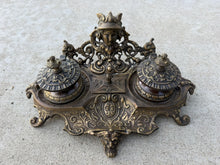 Load image into Gallery viewer, Vintage Ornate Brass Double Inkwell Stand India Writing Desk Pen Accessory