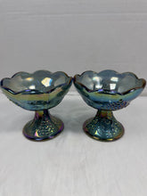 Load image into Gallery viewer, Vintage Indiana Glass Blue Carnival Glass Harvest Grape Candlestick Holders Pair