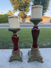 Load image into Gallery viewer, Vintage Burgundy Resin Ornate Taper Pillar Candle Holders Gold Trim Pair