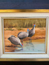 Load image into Gallery viewer, Vintage Thomas Hacking Original Oil Painting of Guineafowl at Watering Hole – Framed Wildlife Art