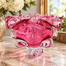 गैलरी व्यूवर में इमेज लोड करें, Josef Hospodka Chribska art glass bowl — cranberry pink ruffled Bohemian glass