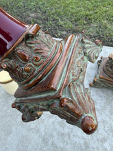 Load image into Gallery viewer, Vintage Burgundy Resin Ornate Taper Pillar Candle Holders Gold Trim Pair