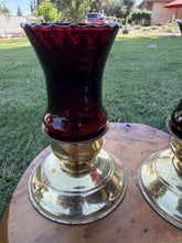 Load image into Gallery viewer, Vintage Brass Candlestick Holders Homco Ruby Red Glass Peg Votives Pair