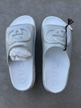 Load image into Gallery viewer, GUCCI Miami Metallic Glitter Interlocking G Platform Slide Sandals Gray Rubber