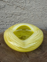 Load image into Gallery viewer, Vintage Yellow White Swirl Hand Blown Art Glass Squat Bowl MCM Studio Glass