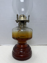 Cargar imagen en el visor de la galería, Antique Amber Glass Kerosene Hurricane Oil Lamp Victorian Finger Lamp Style