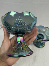 Load image into Gallery viewer, Vintage Indiana Glass Blue Carnival Glass Harvest Grape Candlestick Holders Pair