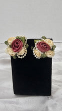 将图片加载到图库查看器,Handmade Ribbon Rose Earrings Faux Pearl Accents Floral Statement