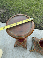 Load image into Gallery viewer, Vintage Burgundy Resin Ornate Taper Pillar Candle Holders Gold Trim Pair