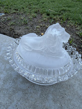 Load image into Gallery viewer, Antique Imperial Glass Satin Frosted Lion Covered Candy Dish Lattice Edge Bowl