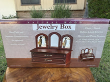 Load image into Gallery viewer, Vintage Wooden Jewelry Box Trifold Mirror Photo Frames Velvet Lined New