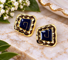 Load image into Gallery viewer, Vintage Monet Square Gold Tone Blue Enamel Signed Clip-On Earrings