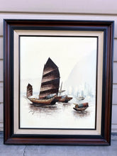 Charger l'image dans la galerie, Vintage P. Wong 1960s Mid-Century Nautical Seascape Junk Ships Oil Painting