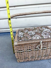 Cargar imagen en el visor de la galería, Vintage Wicker Sewing Basket with Floral Tapestry Cushion Lid & Handle