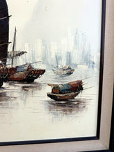 Charger l'image dans la galerie, Vintage P. Wong 1960s Mid-Century Nautical Seascape Junk Ships Oil Painting