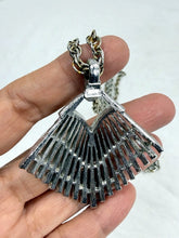 Load image into Gallery viewer, Trifari 1970s Silver Tone Modernist Starburst Fan Pendant Double Chain Necklace