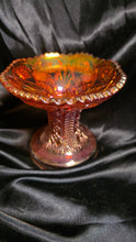 Load image into Gallery viewer, Antique Imperial Twins Marigold Carnival Glass Pedestal Compote Hobstar Bowl