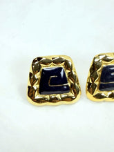 Load image into Gallery viewer, Vintage Monet Square Gold Tone Blue Enamel Signed Clip-On Earrings