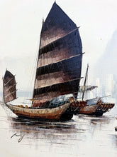 Charger l'image dans la galerie, Vintage P. Wong 1960s Mid-Century Nautical Seascape Junk Ships Oil Painting