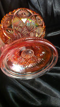 Load image into Gallery viewer, Antique Imperial Twins Marigold Carnival Glass Pedestal Compote Hobstar Bowl