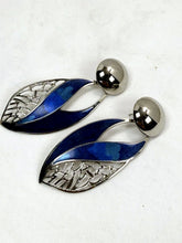 Load image into Gallery viewer, Vintage Edgar Berebi Blue Enamel Silver Tone Leaf Cut-Out Drop Earrings