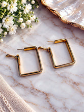 Load image into Gallery viewer, Vintage Monet Gold Geometric Rectangle Hinged Hoop Earrings Made in USA