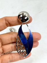 Load image into Gallery viewer, Vintage Edgar Berebi Blue Enamel Silver Tone Leaf Cut-Out Drop Earrings