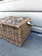 Cargar imagen en el visor de la galería, Vintage Wicker Sewing Basket with Floral Tapestry Cushion Lid & Handle