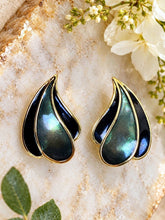 Load image into Gallery viewer, Vintage 1980s Gold Tone Black Enamel Flame Motif Leaf Stud Earrings USA