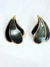 Load image into Gallery viewer, Vintage 1980s Gold Tone Black Enamel Flame Motif Leaf Stud Earrings USA