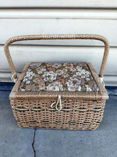 Cargar imagen en el visor de la galería, Vintage Wicker Sewing Basket with Floral Tapestry Cushion Lid & Handle