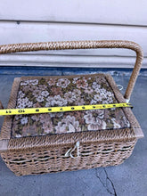 Cargar imagen en el visor de la galería, Vintage Wicker Sewing Basket with Floral Tapestry Cushion Lid & Handle