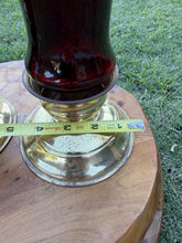 Load image into Gallery viewer, Vintage Brass Candlestick Holders Homco Ruby Red Glass Peg Votives Pair