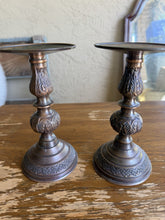 将图片加载到图库查看器,Vintage Red Bronze Taper Candle Holders Floral Engraved India Pair MCM