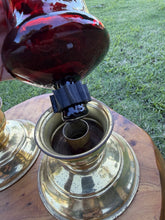 Load image into Gallery viewer, Vintage Brass Candlestick Holders Homco Ruby Red Glass Peg Votives Pair