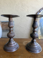 将图片加载到图库查看器,Vintage Red Bronze Taper Candle Holders Floral Engraved India Pair MCM