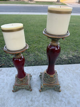 Load image into Gallery viewer, Vintage Burgundy Resin Ornate Taper Pillar Candle Holders Gold Trim Pair