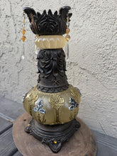 Load image into Gallery viewer, Victorian Style Ornate Gold Resin Candle Holder Hanging Crystal Prism Scrollwork