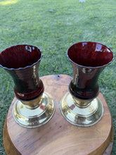 Load image into Gallery viewer, Vintage Brass Candlestick Holders Homco Ruby Red Glass Peg Votives Pair