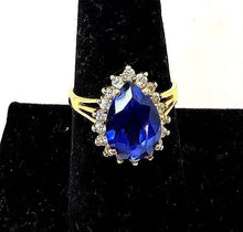 Load image into Gallery viewer, Vintage Pear Cut Blue Stone Halo Ring 925 Sterling Silver Size 7.5 Jewelry