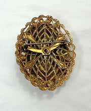 将图片加载到图库查看器,Vintage 1930s Czech Amethyst Glass & Turquoise Gold Filigree Dome Brooch