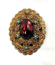 将图片加载到图库查看器,Vintage 1930s Czech Amethyst Glass & Turquoise Gold Filigree Dome Brooch