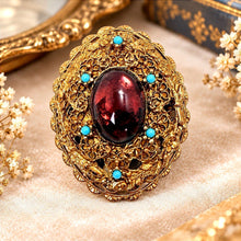 将图片加载到图库查看器,Vintage 1930s Czech Amethyst Glass & Turquoise Gold Filigree Dome Brooch