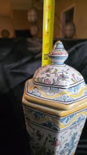 将图片加载到图库查看器,Hand-Painted Portuguese Faience Apothecary Jar for Nora Fenton — Signed “Dina” — Hexagonal Lidded Urn (14”)